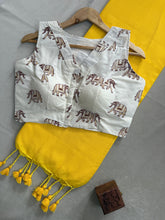 Yellow Handloom Cotton Saree With Printed Redy Made Blouse